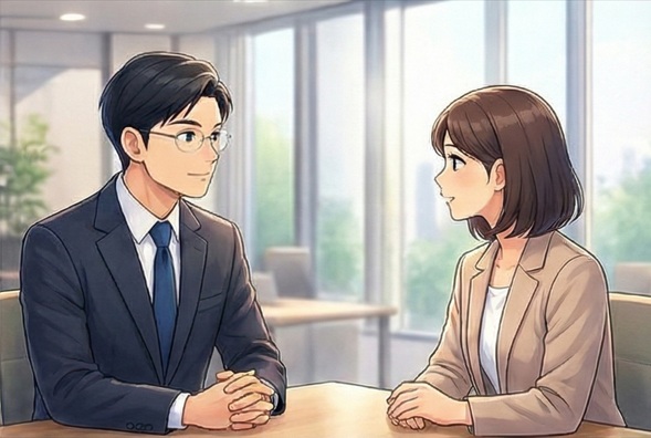 ビジネスマンと顧客が打ち合わせ室で面談するシーン